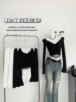 Korėjos Mados Sexy Marškinėliai Gleives Gyaru Elegantiškos Nėrinių Kratinys Tees V-Kaklo Paprasta Pasėlių Viršuje Y2K Streetwear 2000-ųjų Estetinės Gotikos