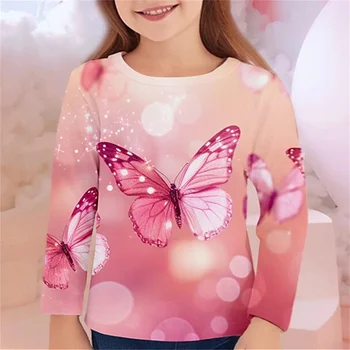 Korėjos Vaikų Drabužių 2023 Long Sleeve T-Shirt Girl Teenegers Viršūnes Putojantis Drugelis Mergaičių Marškinėliai Vaikams 10 Metų